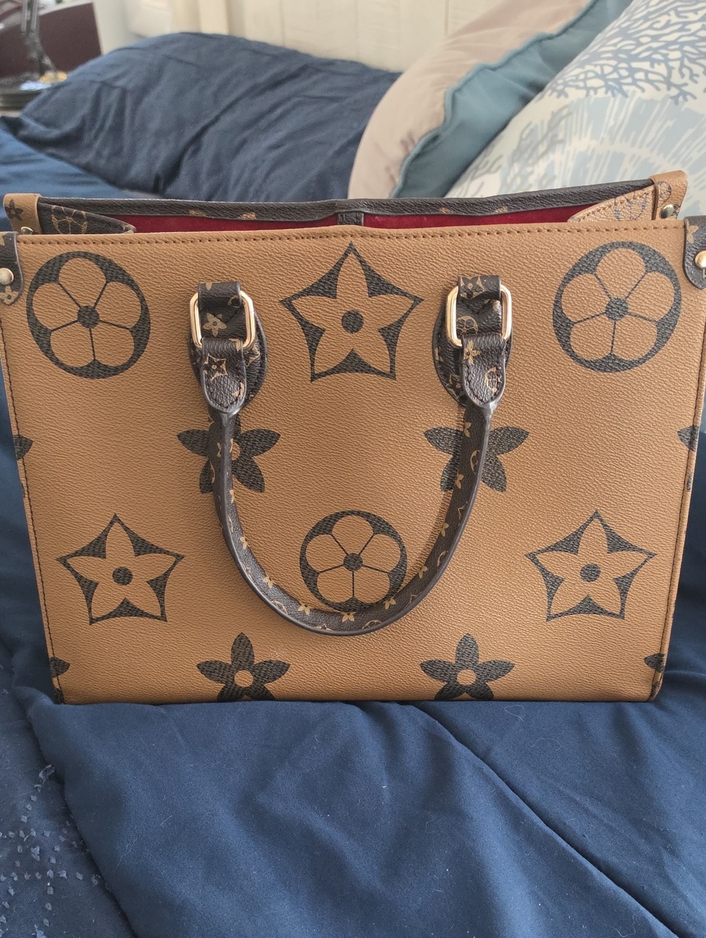 Designer-Inspired Tan and Dark Brown Monogram Tote Bag